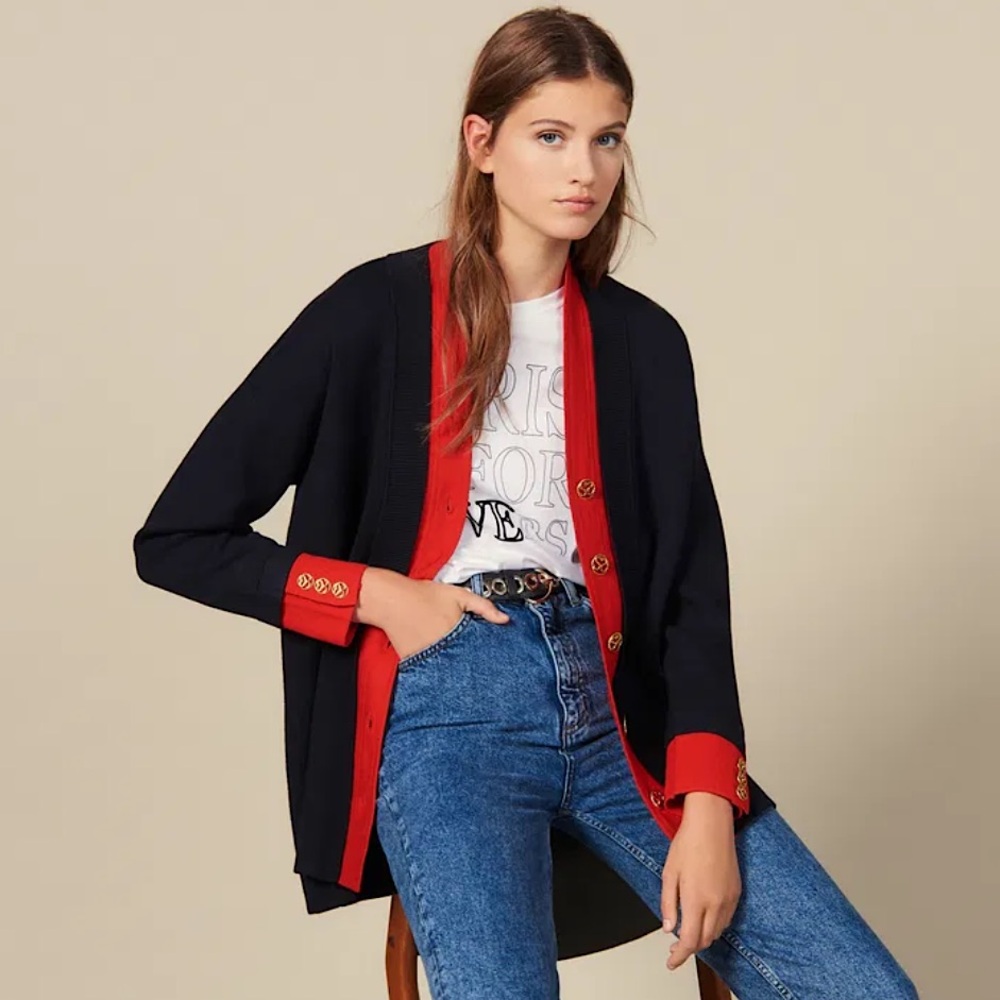 Sandro Black Cardigan with Red Trim